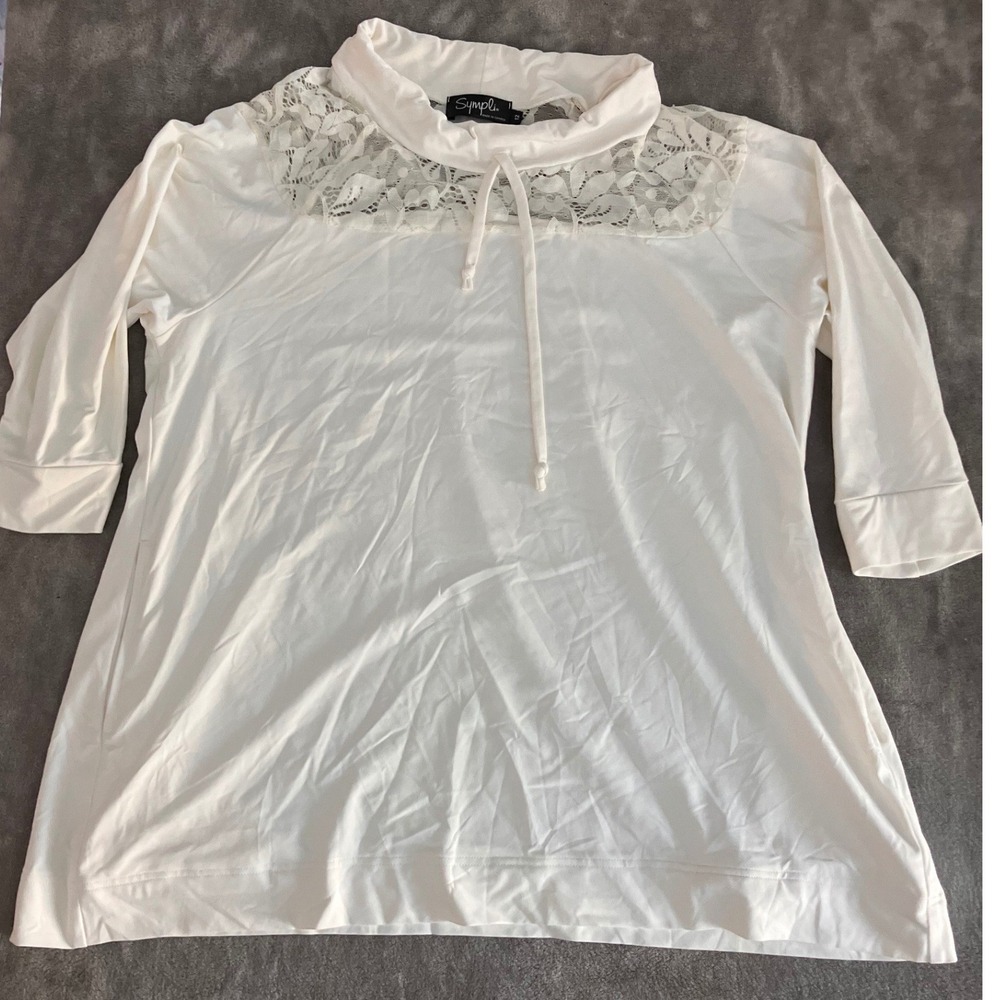 Sympli‎ Lace Cowl Neck Tunic Top Cream White 3/4 Sleeve Tie Neck 12 Lightweight